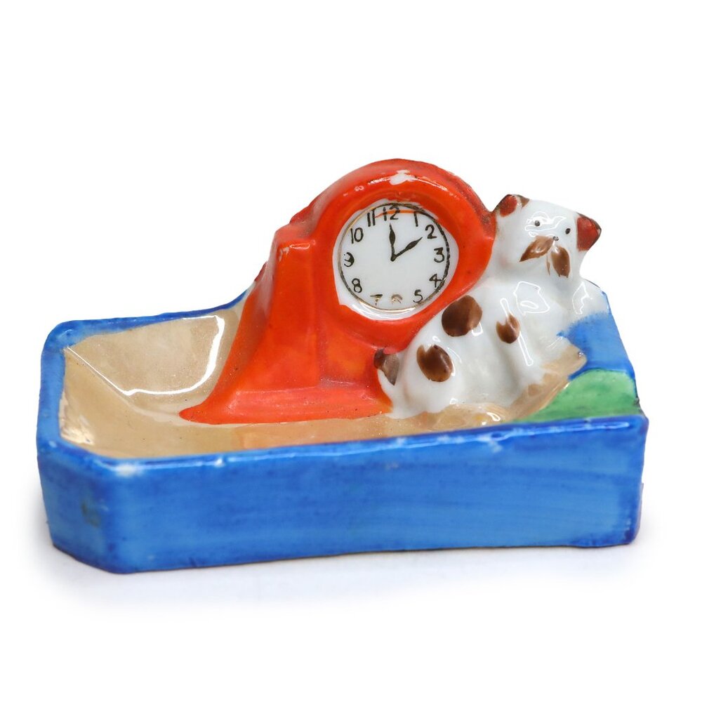 Vintage Japan Lustreware Ashtray Figural Dog & Clock Retro Ceramic Trinket Dish